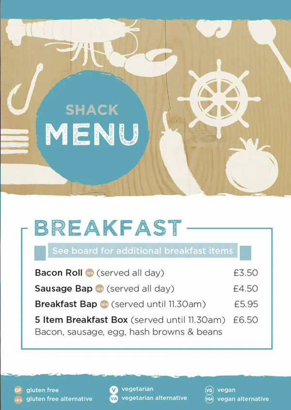 Click for larger version of the Beach Shack Menu at Ladram Bay