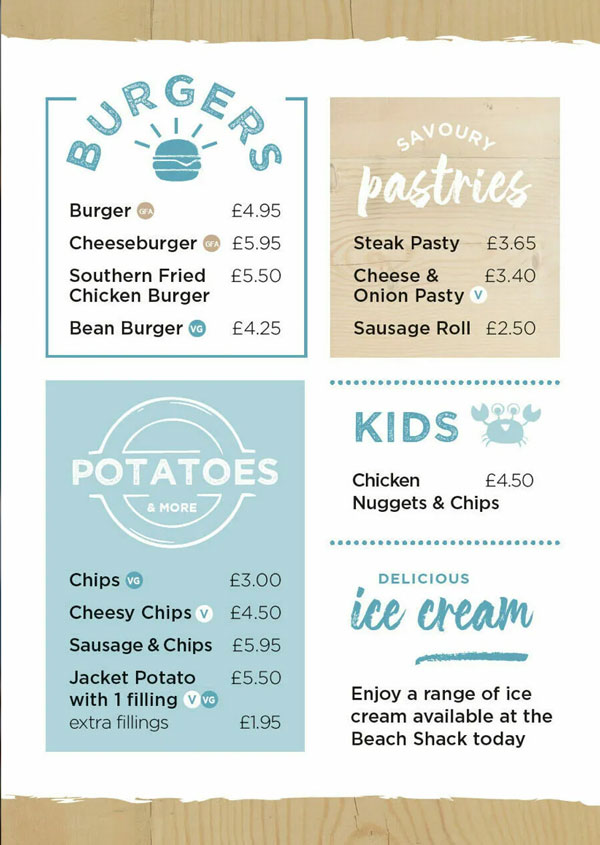 Click for larger version of the Beach Shack Menu at Ladram Bay
